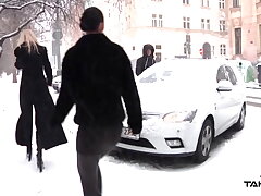 Trio beauties creeping amateur dude into the van for excellent pummel