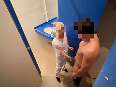 I surprise the gym cleaning doll who when she enters to neat the rest room she catches me jerking off and helps me finish jizzing with a sucky-sucky