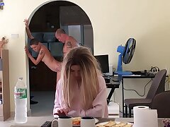Amateur Mischievous stepdaughter hid in the fridge and got ass fuck from step dad while mother see TV