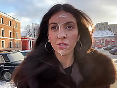 Damsel agreed to walk with a stranger's Jizz on her face in a public place - Cumwalk