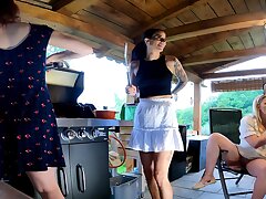 Torrid and horny Leon Lambert Femmes sans undergarments have a BBQ Party Outdoors within Brief Micro-skirt Summer Dress