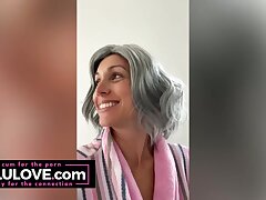 Big titties babe striptease bare mirror selfie, gray hair GILF wig, vocal warmups, macro shot pussy before after sex - Lelu Love