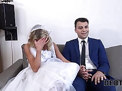 DEBT4k. Debt collector fucks the bride in a milky dress and pantyhose