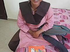 Scorching indian desi schoolgirl was painfull plowing with schoolteacher in coching guest room on dogy style and talk to Hindi audio