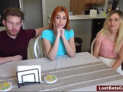 2 sexy nymphs toying a strip game with their horny pal