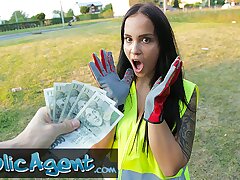 Public Agent Hot brunette criminal is taken into the woods for an outdoors penetrating