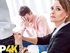 TUTOR4K. Mature tutor pays debt by suggesting guy her unshaved pussy