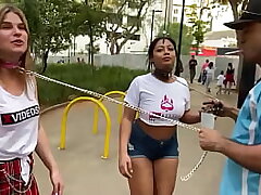 Walking with damsels on leashes in downtown Sao Paulo / Damsels on leashes in street exhibitionism / hotties on leashes on the street