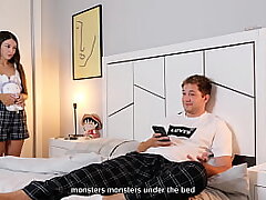 Stepbrother Fucked Virgin Stepsister and Cum Inside Her Tight Pussy! Sharing Sofa with Step Sister in law (with subs)