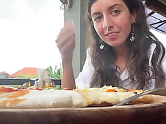 Ambling with cum on face in cafe - Dame eats pizza and guzzles cum - Cumwalk