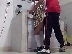 I FUCK MY CLASSMATE IN THE KITCHEN BUT MY Bone DEVIATES AND ENDS UP STUCK IN HER Caboose UNTIL IT'S Crammed WITH Jism