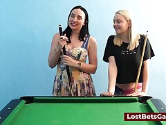 A thick orbs lesbian duo frolicking billiard and using the stick in a fresh way