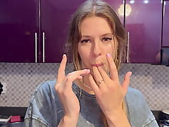 Dormmate-girl gets jism in mouth and hair while there is no one in the kitchen except us