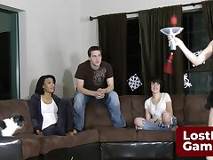 3 hot girls and one successful fellow are toying a de-robe game togehter