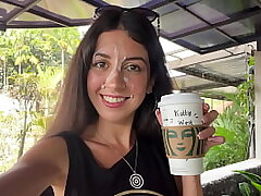 Blowjob in a Public Restroom Starbucks and Cumwalk - She swallows coffee with cum on face among people