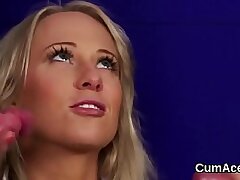 Frisky sex kitten gets cum load on her face gulping all the love juice