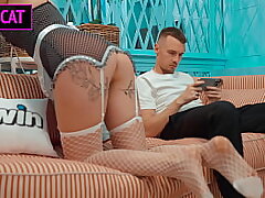 Busty Maid's First Day: Rimming, Ball Sucking, Unexpected Doggy and Missionary Sex with Cum on Ass