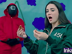 SQUID GAME - Brazilian Victoria Carmargo breaks the cookie in the squid game and gets her meaty pink pussy fucked.