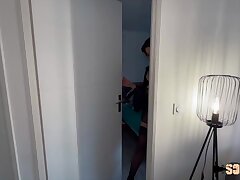 Jade, brunette in sexy lingerie, fucks two guys