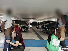 Two big ass Latina roommates fucked by two black guys in a public parking lot!!!