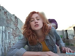 Public Agent Sexy redhead waitress sucks cock and gets fucked doggystyle outside in public