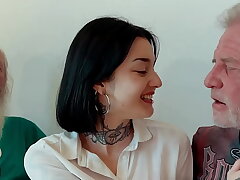Young brunette has threesome with old men and she swallows cum
