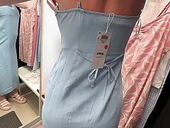 Fitting room. I spy on a busty beauty changing clothes and fuck her, ending up in her pussy