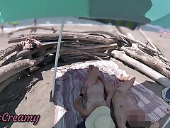 #2 Exhibitionist Wife Outdoor Amateur Milf Handjob Big Cock on Nudity Beach public in front of voyeur with cumshot - MissCreamy