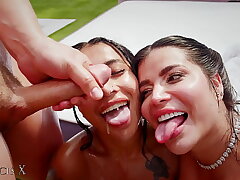 Outdoor Gangbang 9 Guys Fuck 2 Sluts in Lingerie with Anal and DP