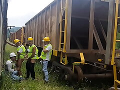 The workers went hard at lunchtime, they fucked their passive colleague and gave him lots of milk for dessert.