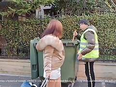 A homeless man helped an elite milf carry her suitcase and fucked her!