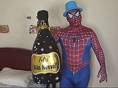 Beautiful big-bootied stepmother celebrates New Year's by sucking Spider-Man's dick