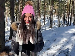 Real Sex in Winter Snowy Forest with Cum in Pussy - Creampie