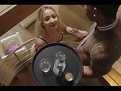 French slut suck the dick of black waiter and then called her boyfriend to keep fucking in the room...