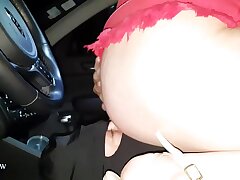 BS010619  003115 SV Katya is driving  her van dressed in her crimson mini micro-skirt and  using her victim as a human driver seat pillow