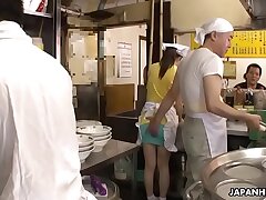 Sexy Chinese waitress Asuka gets gangbanged and creampied in public