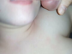 Jism on her smiley facehole with her helping tongue
