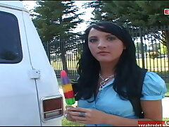 Dark-hued haired nubile with lil' boobs pick up for fuck-fest in the van