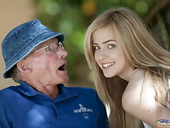 Beautiful teen sucks grandfather outdoor and she gulps it all