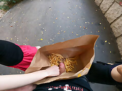 Public dual handjob in the fries bag... I'm jerkin'it!