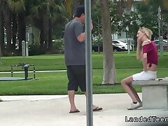 Huge-chested blonde teenage banging in the van in public