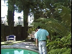 Two fellows fuck the crap out of a dark-haired slut's tight holes