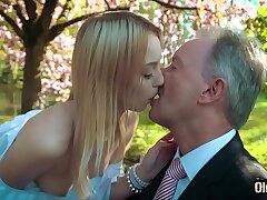 Youthfull light-haired wailing fucking an senior man she swallows his cum-shot