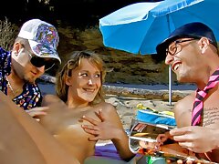 French teenie Evy Sky has a very crazy anal threeway on the beach