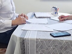young teen in college examination swallows cum