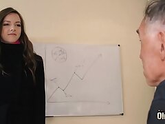 Trampy nubile takes spunk on her tongue and guzzles it after getting hard-core plowed by aged fellow