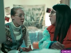 Nerdy lesbian teens Cadence Lux and Serena Blair experimented a virtual Three dimensional creation that came to life and started a torrid lesbian threeway with her.