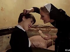 Dark-haired rimming lesbian nun