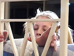Insane blonde nubile slides big dildo up her taut slit