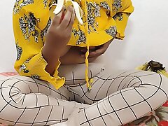 In a yellow brief dress, I caress myself and jerk off my cooch with 2 thumbs bring myself to orgasm in sexy underpants
